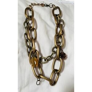 Chunky Matte Gold Tone Chain Link Statement Necklace Rhinestones Brown 20” BOHO